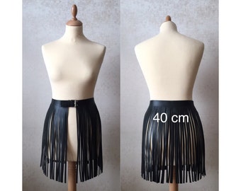 Leather fringe belt skirt black dress fits with a bag or boots bellydance overskirt rocker 40s sexy club wear, statement piece