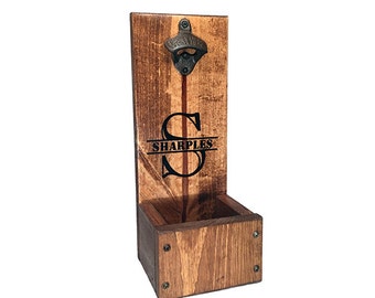Drop Box Beer Bottle Opener with Personalized Split Monogram - Free Standing or Wall Mount