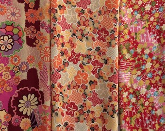 Set of 3 Kimono Chirimen Scraps, Japanese Fabric