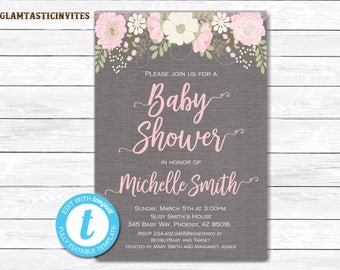 Baby shower Invitation, Floral Baby Shower Invitation, Vintage Baby shower Invitation, Watercolor, Baby Shower Invite, Instant Download