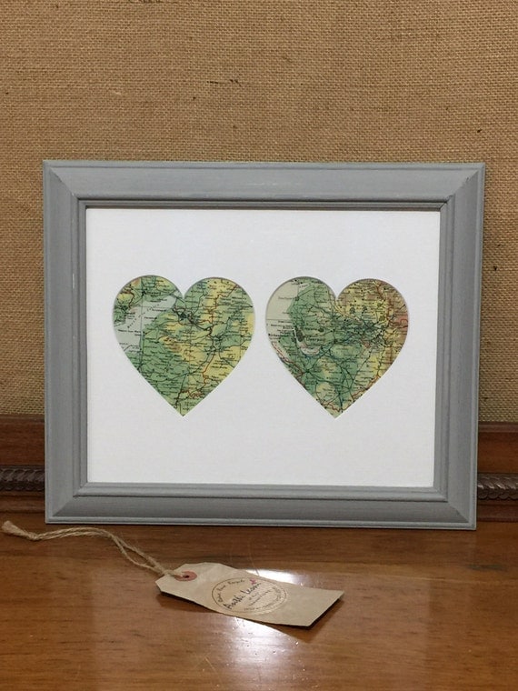 HEART TWO CiTIES Vintage Maps Framed Wall Art - Original Vintage Maps - Dual Locations Featuring Towns / Cities / Countries - Custom Made