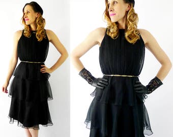 1980's Black Tiered Dress - Size Small