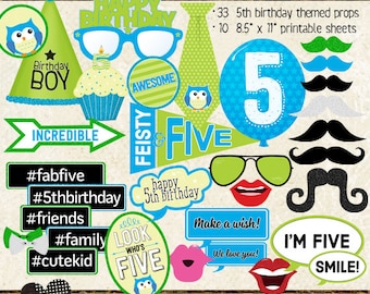 Photo Booth Props, HAPPY 5TH BIRTHDAY, boy, printable sheets, instant download, diy, party planning, blue, green, cyan, lime