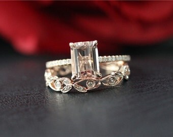 Unique Wedding Ring Set Solid 14K Rose Gold 6x8mm Emerald Cut Morganite Engagement Ring Stackable & Diamond Wedding Band/Morganite Ring Set