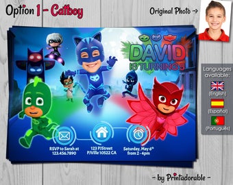 PJ Masks Invitation - Customizable Photo - Choose your hero: Catboy, Gekko, Owlette