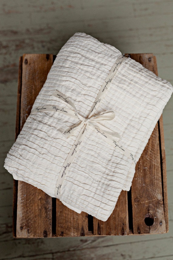 Ivory linen bed throw pleated linen blanket in 2 sizes big