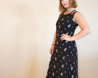 black embroidered floral sheer slip dress