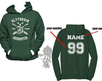 SEEKER - Custom back, Slytherin Quidditch team Seeker White print printed on Forest green Hoodie