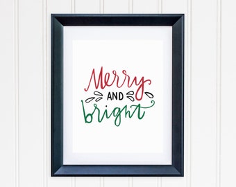 Christmas Printable Art Print 8x10 Merry and Bright Gold and