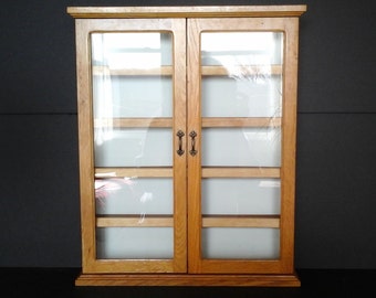 Glass Door Display Cabinet, Wall Hanging Plain Wood Cabinet, Oak 5 Shelf Cabinet
