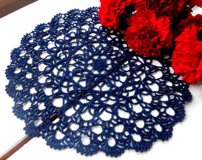 9 inch Crochet Dark Blue Doily, Navy Blue Tablecloth, Navy Blue Interiors Decoration, Gift for Her, Housewarming Gift, Dark Blue Table Decor