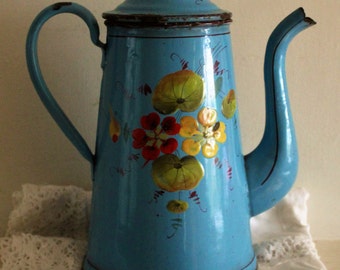 French Vintage Enamelware Blue Coffee Pot with Nasturtiums
