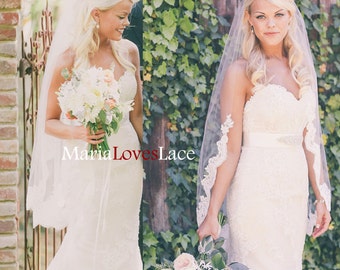 Fingertip partial lace veil-1 tier lace fingertip wedding veil-Lace half way veil in fingertip-Short Alencon Lace Bridal veil 625