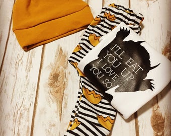 Where The Wild Things Are- Baby Coming Home Clothing Set- Ill Eat You Up Onesie- First Birthday Wild One