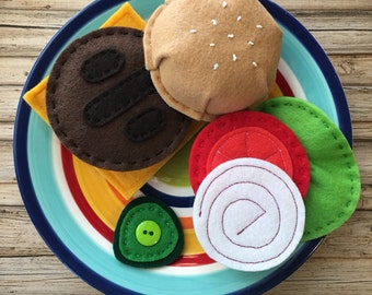 play food montessori toy, stacking toy burger, felt play food hamburger set, pretend play burger, dramatic play burger, pretend food