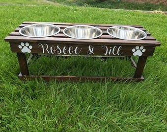 Stained elevated feeder/ dog bowl stand with 3 bowls