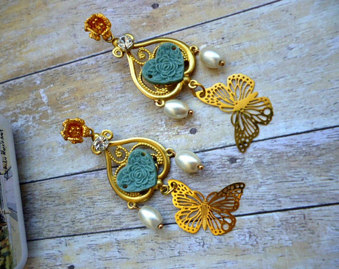 Gold Mint Boroque Crown Tiara Headband Dangle Drop Earrings Gold butterfly Green crystals pearls Jewelry Set DG style butterflies bridal