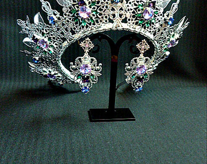 Silver Light purple Emerald blue rhinestone Wedding Bridal Crown crystal Taira Earrings Jewelry Set head piece Royal diamond birthday event