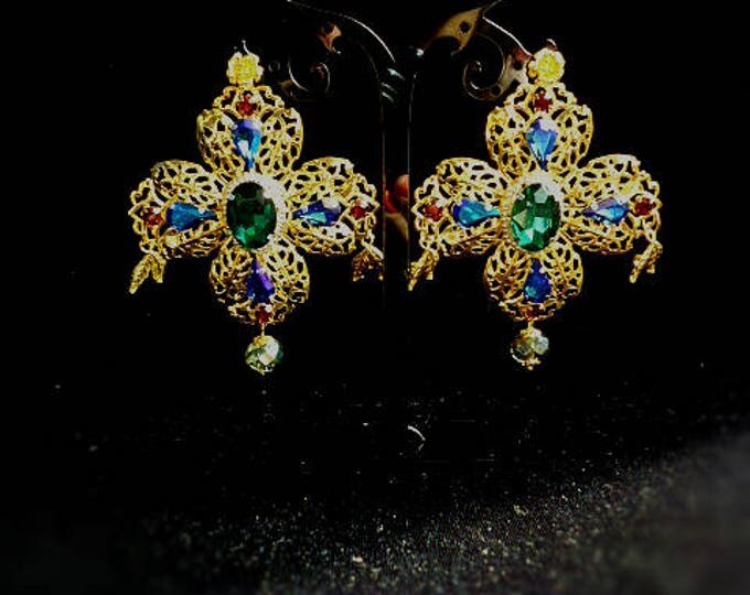 Baroque Cross Dolce Earrings Chandelier Gold Earrings Large Corss Swarovski Earrings Green Blue Red Womens Gift Byzantine Earrings Dangle