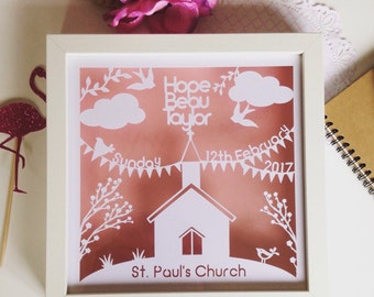 Personalised Christening gift, baptism gift, christening papercut, christening frame, church papercut, floating frame, box frame, new baby