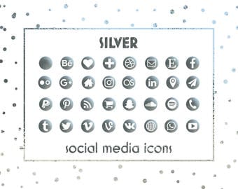Social Media Icons, Silver Icons, Silver Foil Buttons, Social icons, Website icons, Blog icons, Business cards icons, Resume icons
