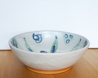 Handmade Ceramic Bowl, Blue Green Handpainted Floral Design, Matte White Bowl, Modern Pottery, Gift for Her, Housewarming Gift, Graduation