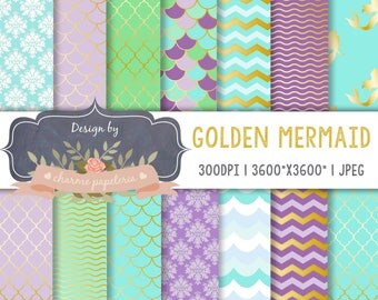 SALE Golden Mermaid Digital Paper, Aqua, Blue, Purple, Mermaids Pattern, Purple Mermaid Digital Papers