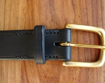 Black leather belt, brass buckle - 1 1/4" wide - made to size