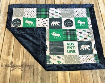Adventure Minky Baby Blanket- Woodland Nursery- Navy Baby Boy- Lumberjack Blanket