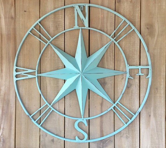 Aqua Distressed Large Metal Wall Art Compass Nautical Beach