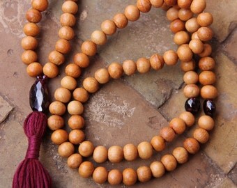 108 Mala Bead Energising Garnet and Sandalwood Mala Bead - Necklace with tassel, 108 Beads , Yoga Jewellery, mala bead, January Birthstone