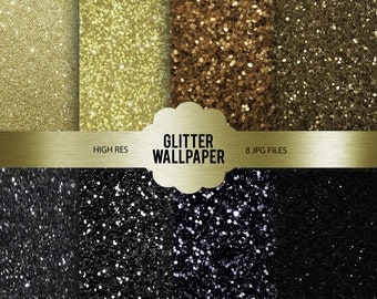 Gold & Black Glitter Wallpapers | Glitter Wallpaper Bundle | Digital Designs | 8 JPG Files | Black and Gold | Sparkles Background | High Res
