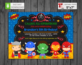 Printable invitation Super heroes in PDF with Editable Texts, Avengers Invitation Chalkboard, edit and print yourself! Instant Download!