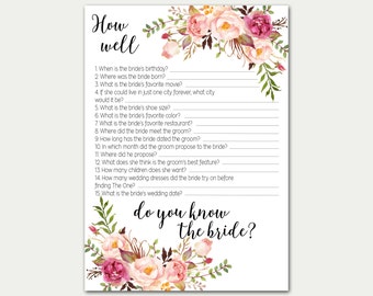 How Well Do You Know The Bride, Bridal Shower Game, Bridal Shower Activity, Floral Bridal Shower Game, Printable Game, Instant Download Game