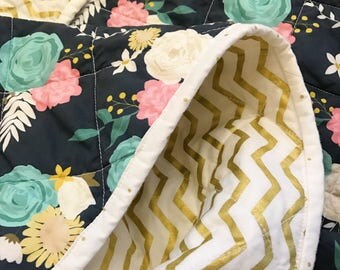 Navy Floral Baby Quilt, Metallic Gold Chevron, Modern Baby Quilt, Boho Baby Quilt, Baby Girl Quilt, Baby Quilt For Sale, Baby Quilt Handmade