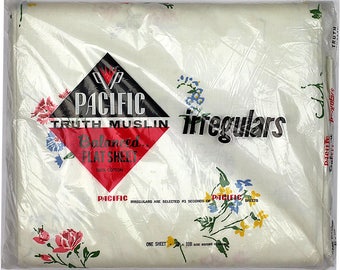 Vintage Bed Sheet, Full Flat Sheet New In Package, Pacific Truth Muslin, Cotton Sheet, Floral Print, Flowers, Pink, Blue, Yellow