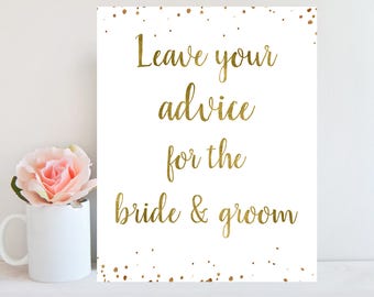 Printable Advice Sign, Advice for the Bride and Groom, Wedding Advice Card, Gold Confetti, Instant Download, Wedding Shower Games BRSG1