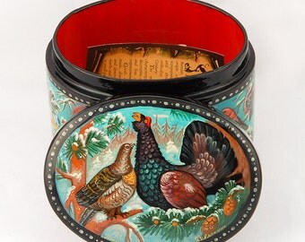 Russian lacquer miniature painting "Russian birds" capercaillie hand made box Kholui folk Art