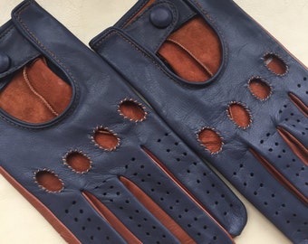Driving gloves/Italian napa leather/Navy and Tobacco/two-tone Italian leather gloves/fancy gift/gift for him/boyfriend gift/car driver glove