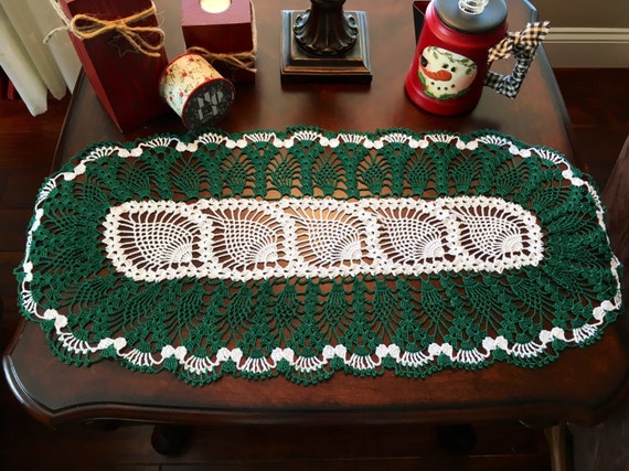 Green Crochet Table Runner Christmas Centerpiece Farmhouse