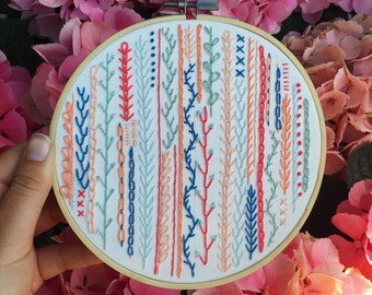 6" Modern Sampler Embroidery Hoop Art, Pink/Blue/Orange