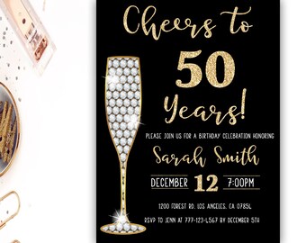 50th birthday invitation, gold glitter glam invitation, surprise 50th birthday invitation, champagne, birthday party invitation, any age