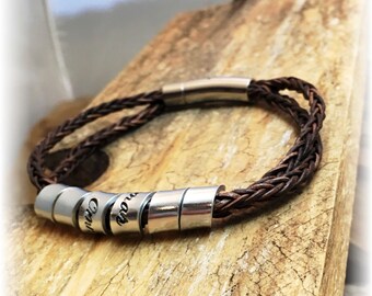 Men's Secret Message Leather Bracelet, Men's Scroll Bracelet, Men's Stamped Custom Bracelet, Men's Personalized Leather Bracelet