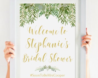 Bridal Shower Printable Welcome Sign, Rustic Bridal Shower Decoration, Greenery Wedding, Gold Bridal Shower Decor, Personalized