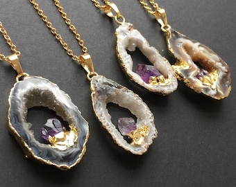 Crystal Geode Necklace, Geode Slice, Geode Pendant, Amethyst, Amethyst Nugget Pendant, Druzy Pendant, Agate Necklace, Crystal Necklace