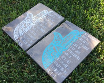 Hamsa Prayer, Hand of Fatima, handpainted wooden sign