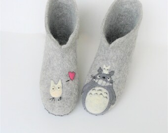 FELTED BOOTS grey felted slippers wool home shoes house shoes felted wool slipper wool slippers eco shoes women gift for mom leather soles