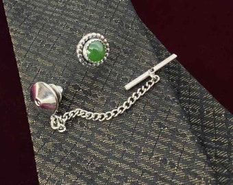 Sterling Silver and Green Jade Tie Tack, Jade Gemstone Tie Pin, Mens Suit Accessory, Silver Tie Jewelry Accessory, Greenery Jade Tie Tack