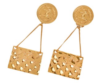 Chanel Earrings Quilted Bag Handbag | Fashion Costume Signed Chanel Dangle Earrings 1970's | 17780