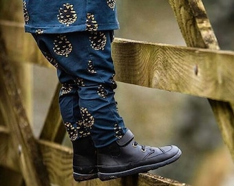Navy Pine Cone Leggings, organic leggings, boys leggings, girls leggings, jmw kids, kids leggings, baby leggings, handmade leggings